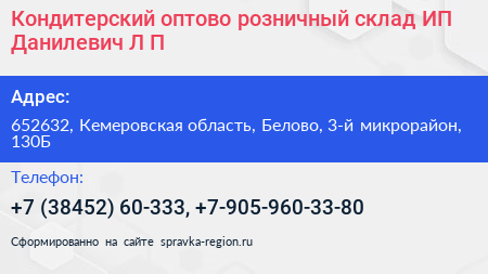 Кондитерский оптово розничный склад ИП Данилевич Л П  - визитка