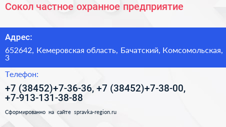 Сокол частное охранное предприятие - визитка