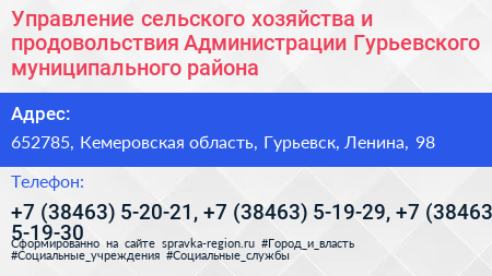 Управление сельского хозяйства и продовольствия Администрации Гурьевского муниципального района - визитка