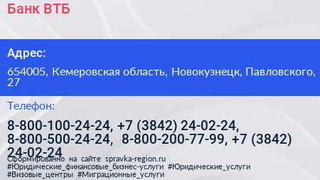 Банк ВТБ - визитка