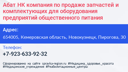 Абат НК компания по продаже запчастей и комплектующих для оборудования предприятий общественного питания - визитка
