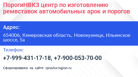 ПорогиНВКЗ центр по изготовлению ремвставок автомобильных арок и порогов - визитка