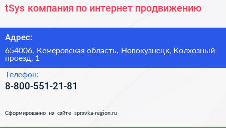 tSys компания по интернет продвижению - визитка