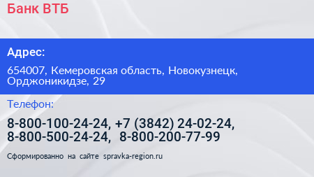 Банк ВТБ - визитка