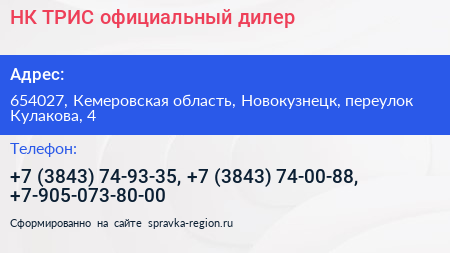 НК ТРИС официальный дилер - визитка
