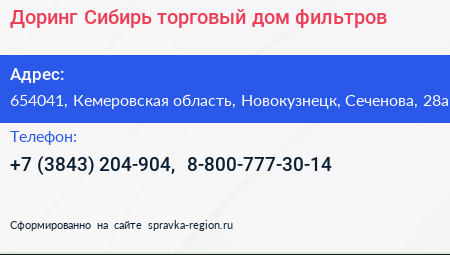 Доринг Сибирь торговый дом фильтров - визитка