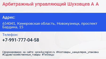 Арбитражный управляющий Шуховцев А А  - визитка