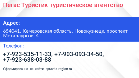 Пегас Туристик туристическое агентство - визитка