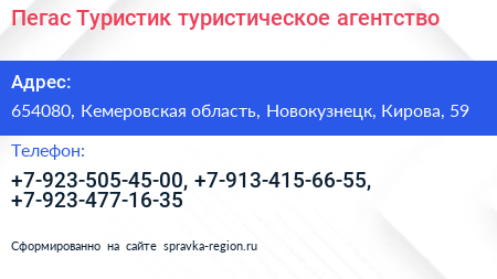 Пегас Туристик туристическое агентство - визитка
