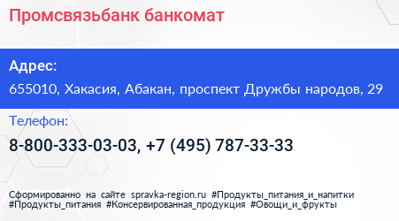 Промсвязьбанк банкомат - визитка