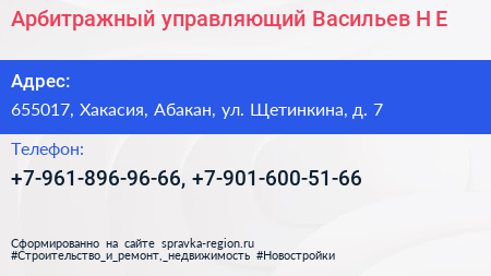 Арбитражный управляющий Васильев Н Е  - визитка