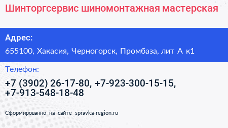 Шинторгсервис шиномонтажная мастерская - визитка