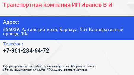 Транспортная компания ИП Иванов В И  - визитка