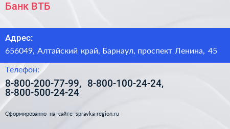 Банк ВТБ - визитка