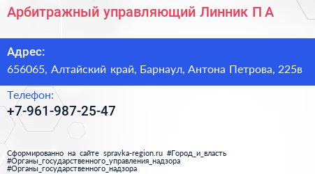 Арбитражный управляющий Линник П А  - визитка