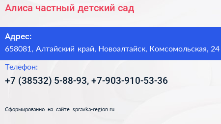 Алиса частный детский сад - визитка