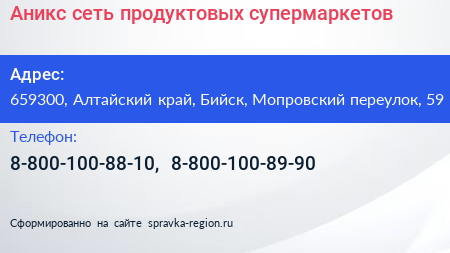 Аникс сеть продуктовых супермаркетов - визитка
