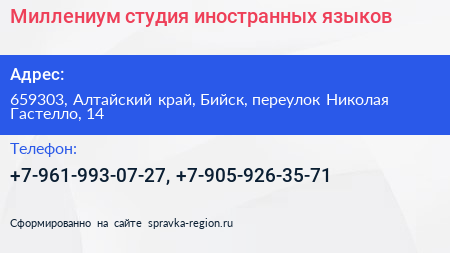 Миллениум студия иностранных языков - визитка