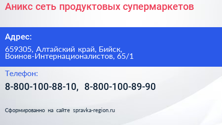 Аникс сеть продуктовых супермаркетов - визитка