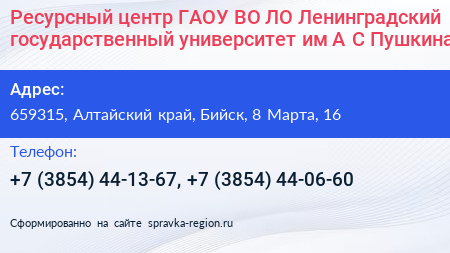 Ресурсный центр ГАОУ ВО ЛО Ленинградский государственный университет им А С Пушкина - визитка