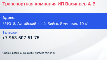 Транспортная компания ИП Васильев А В  - визитка
