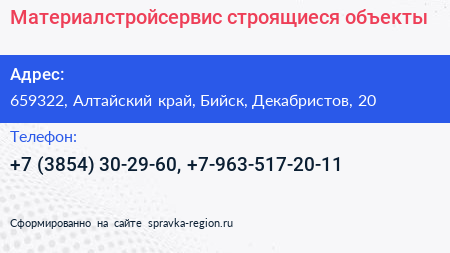 Материалстройсервис строящиеся объекты - визитка