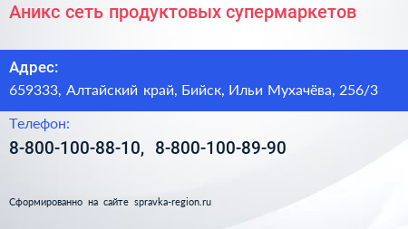 Аникс сеть продуктовых супермаркетов - визитка