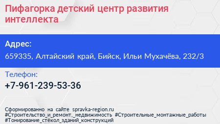 Пифагорка детский центр развития интеллекта - визитка