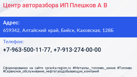 Центр авторазбора ИП Плешков А В  - визитка