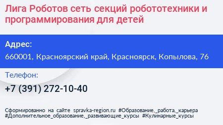 Лига Роботов сеть секций робототехники и программирования для детей - визитка