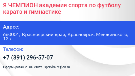Я ЧЕМПИОН академия спорта по футболу каратэ и гимнастике - визитка