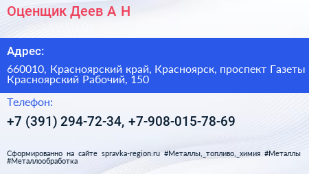 Оценщик Деев А Н  - визитка
