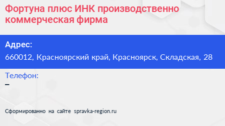 Фортуна плюс ИНК производственно коммерческая фирма - визитка
