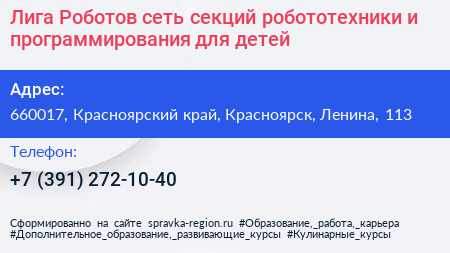 Лига Роботов сеть секций робототехники и программирования для детей - визитка