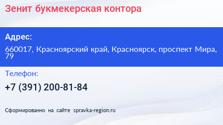 Зенит букмекерская контора - визитка