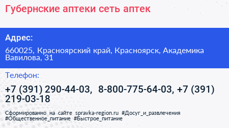 Губернские аптеки сеть аптек - визитка