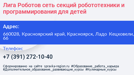Лига Роботов сеть секций робототехники и программирования для детей - визитка