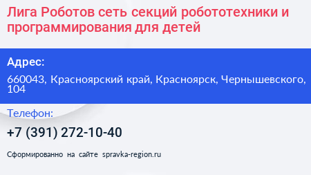 Лига Роботов сеть секций робототехники и программирования для детей - визитка