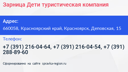 Зарница Дети туристическая компания - визитка