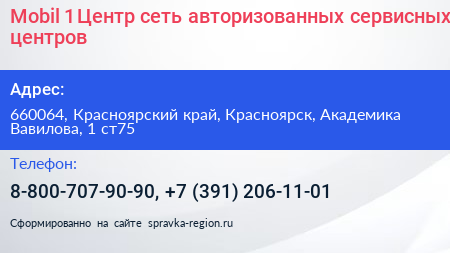 Mobil 1 Центр сеть авторизованных сервисных центров - визитка