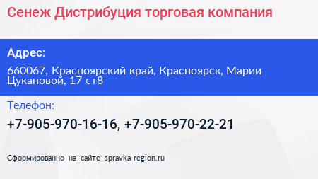 Сенеж Дистрибуция торговая компания - визитка