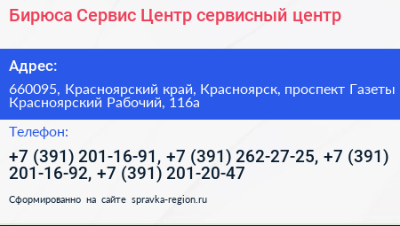 Бирюса Сервис Центр сервисный центр - визитка