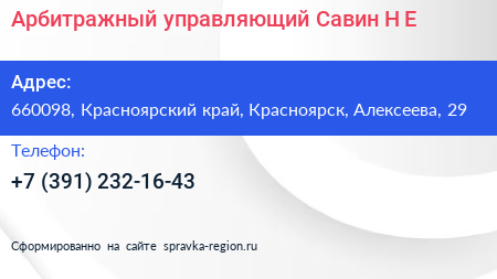 Арбитражный управляющий Савин Н Е  - визитка