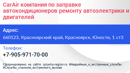 CarAir компания по заправке автокондиционеров ремонту автоэлектрики и двигателей - визитка