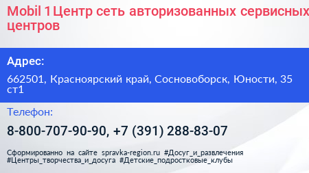 Mobil 1 Центр сеть авторизованных сервисных центров - визитка
