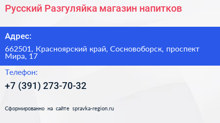Русский Разгуляйка магазин напитков - визитка