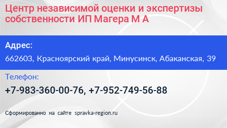 Центр независимой оценки и экспертизы собственности ИП Магера М А  - визитка