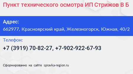 Пункт технического осмотра ИП Стрижов В Б  - визитка