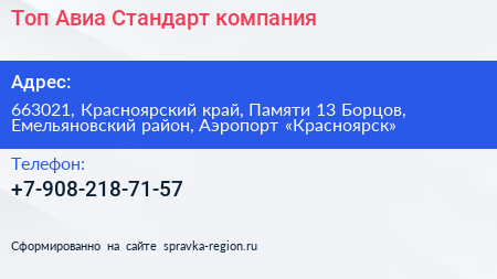 Топ Авиа Стандарт компания - визитка