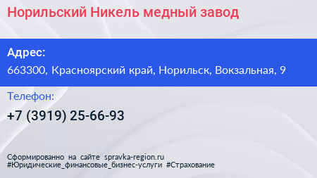 Норильский Никель медный завод - визитка